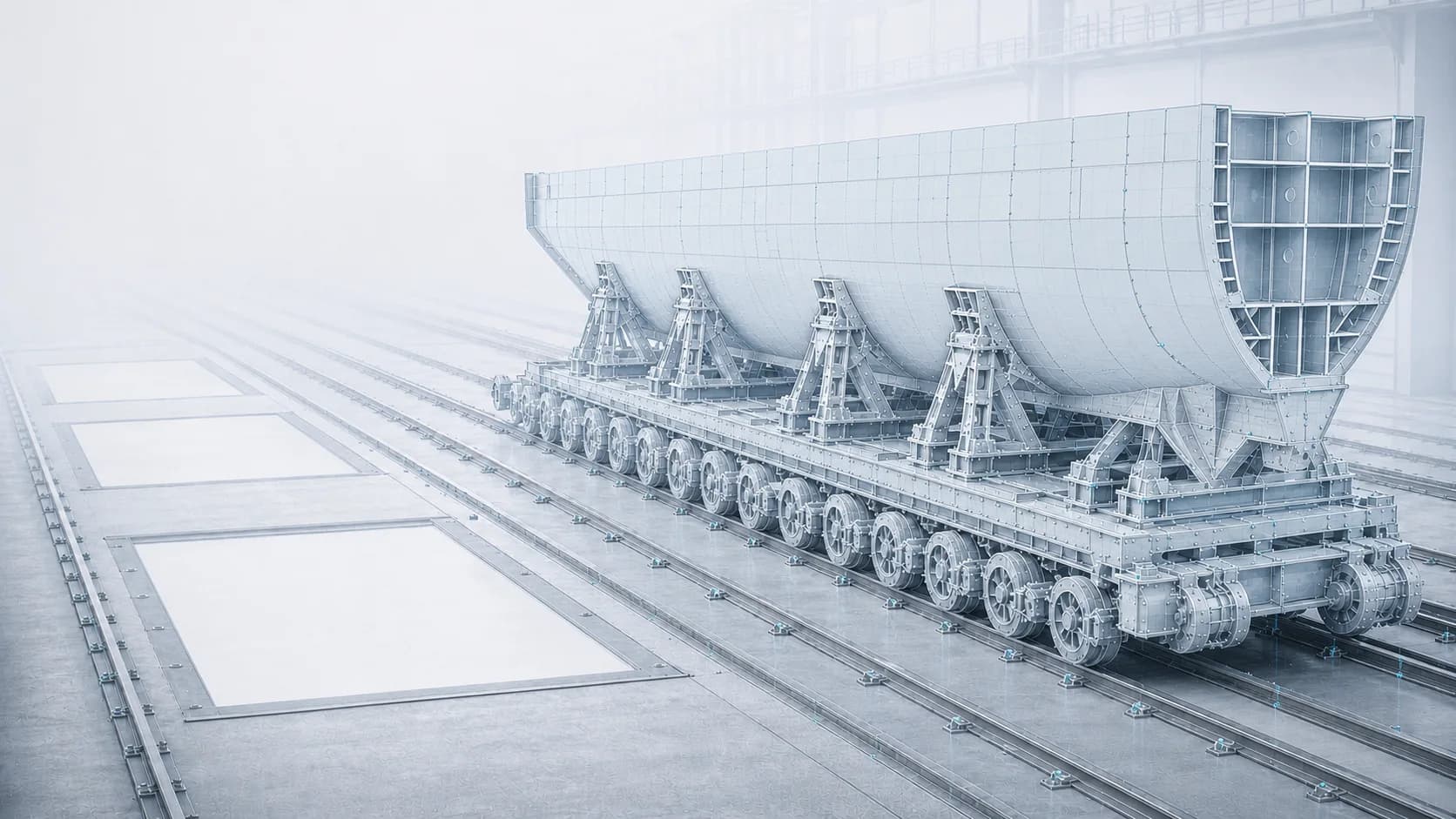 Vessel-transfer cradle and rail system shown as one connected asset