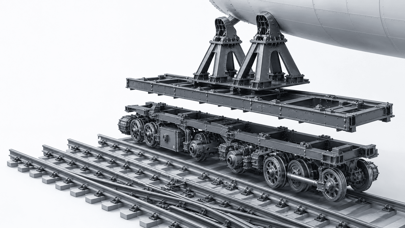 Exploded engineering cutaway of a ship-transfer cradle, bogie frame, wheelsets, rails, and junction