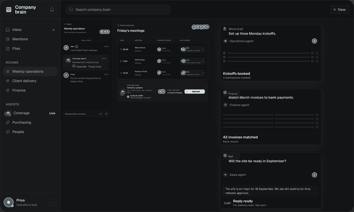 A shared company workspace where people and agents coordinate work
